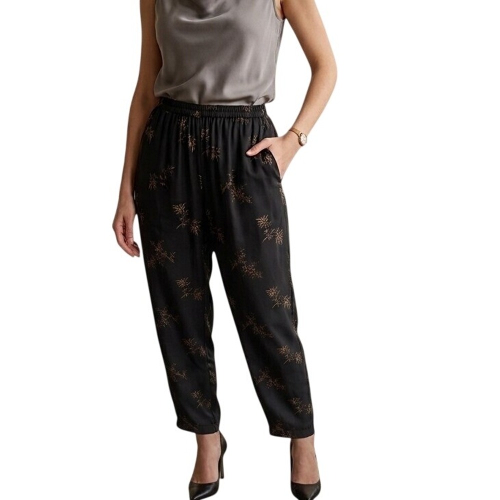 Vtg Y2K Loose Threads by Virginia Moreno M Black Silk Bamboo Print Tapered Pants